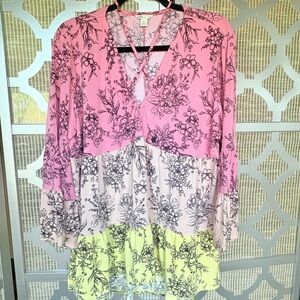 Cato Pink and White Tunic with Tie Front and Mandarin Collar